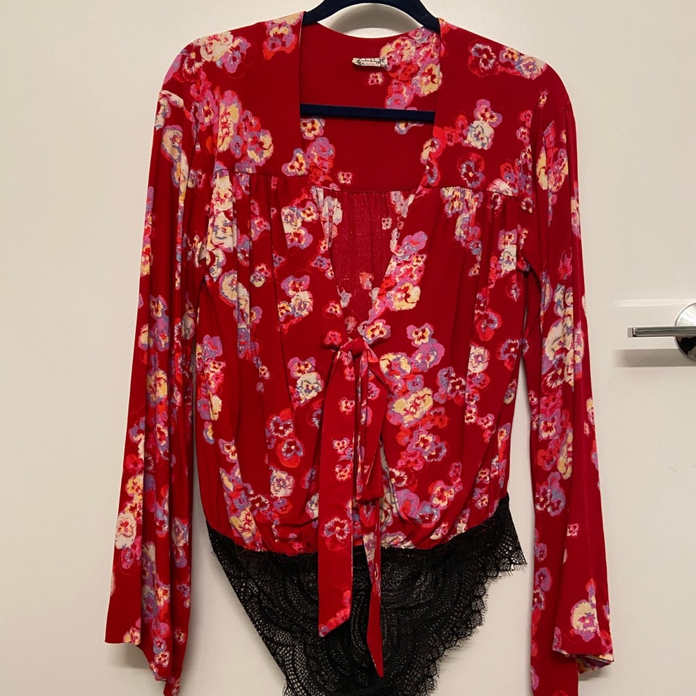 Free People Floral Bell Sleeve Bodysuit